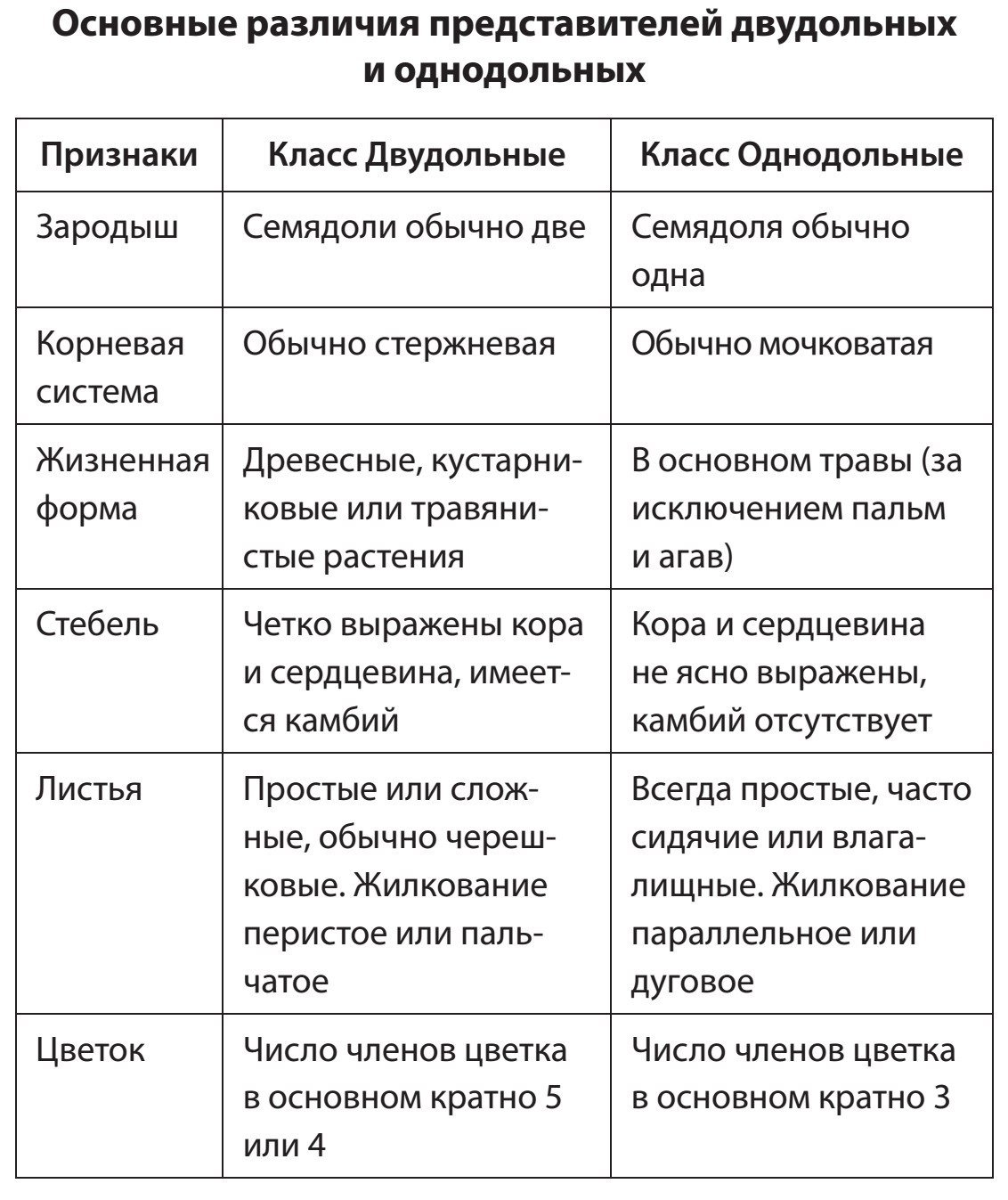 Схема признаков двудольных и однодольных растений