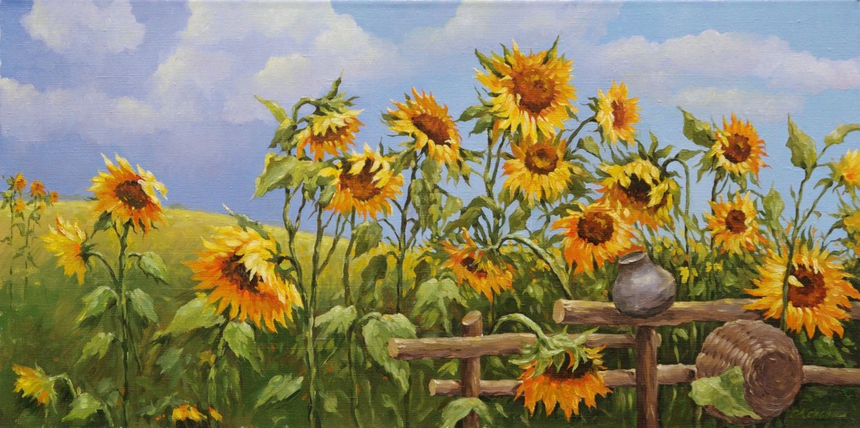 Плетень с горшками и подсолнухами