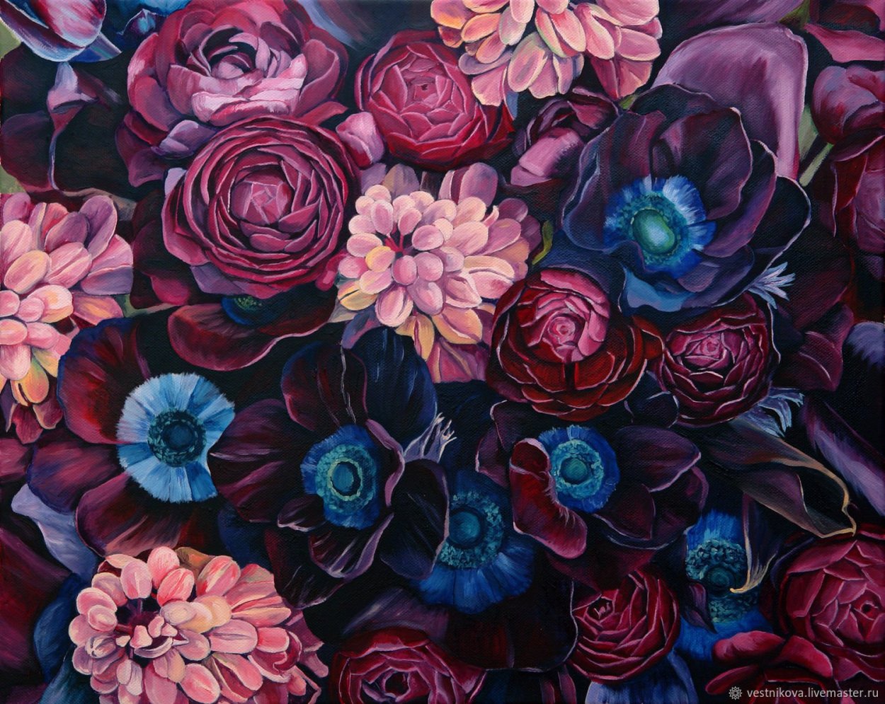 Бордовые цветы маслом