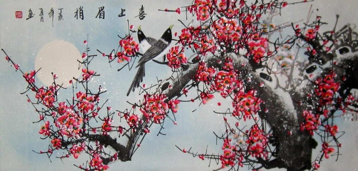 Японская живопись Сакура зимой