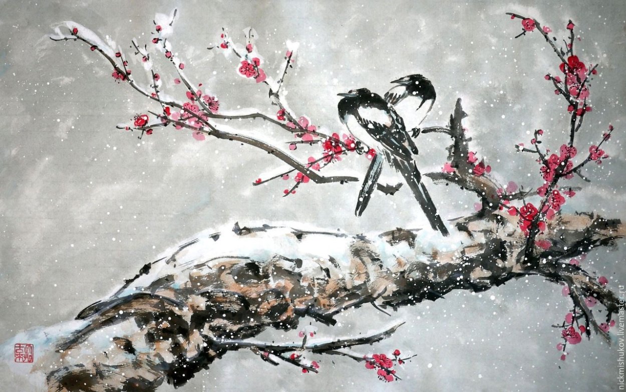 Птица на ветке Сакуры