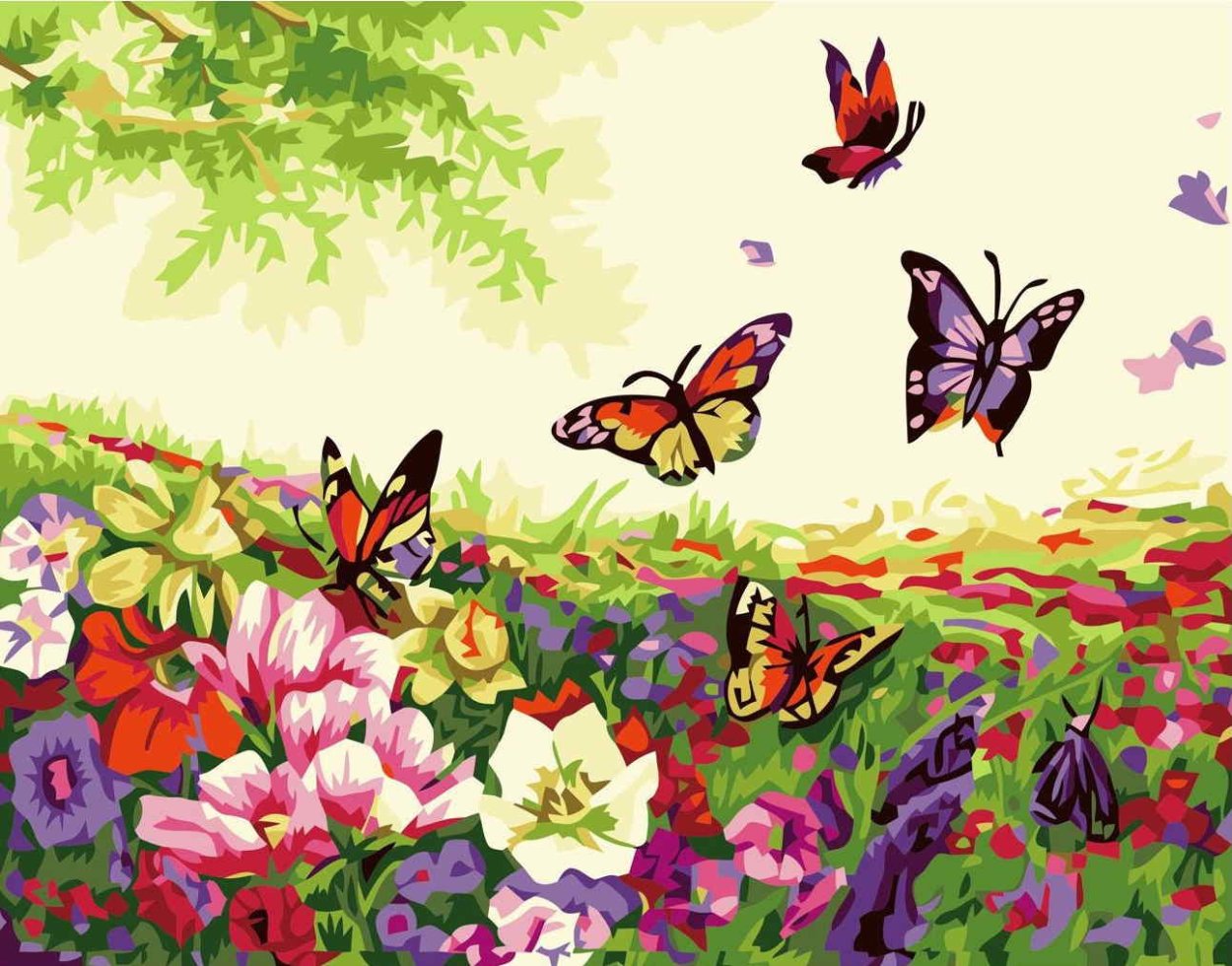 Поляна с цветами и бабочками