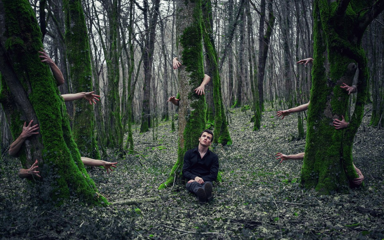 Спрятался за деревом