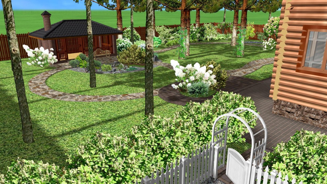 Планировка участка с домом баней и березками