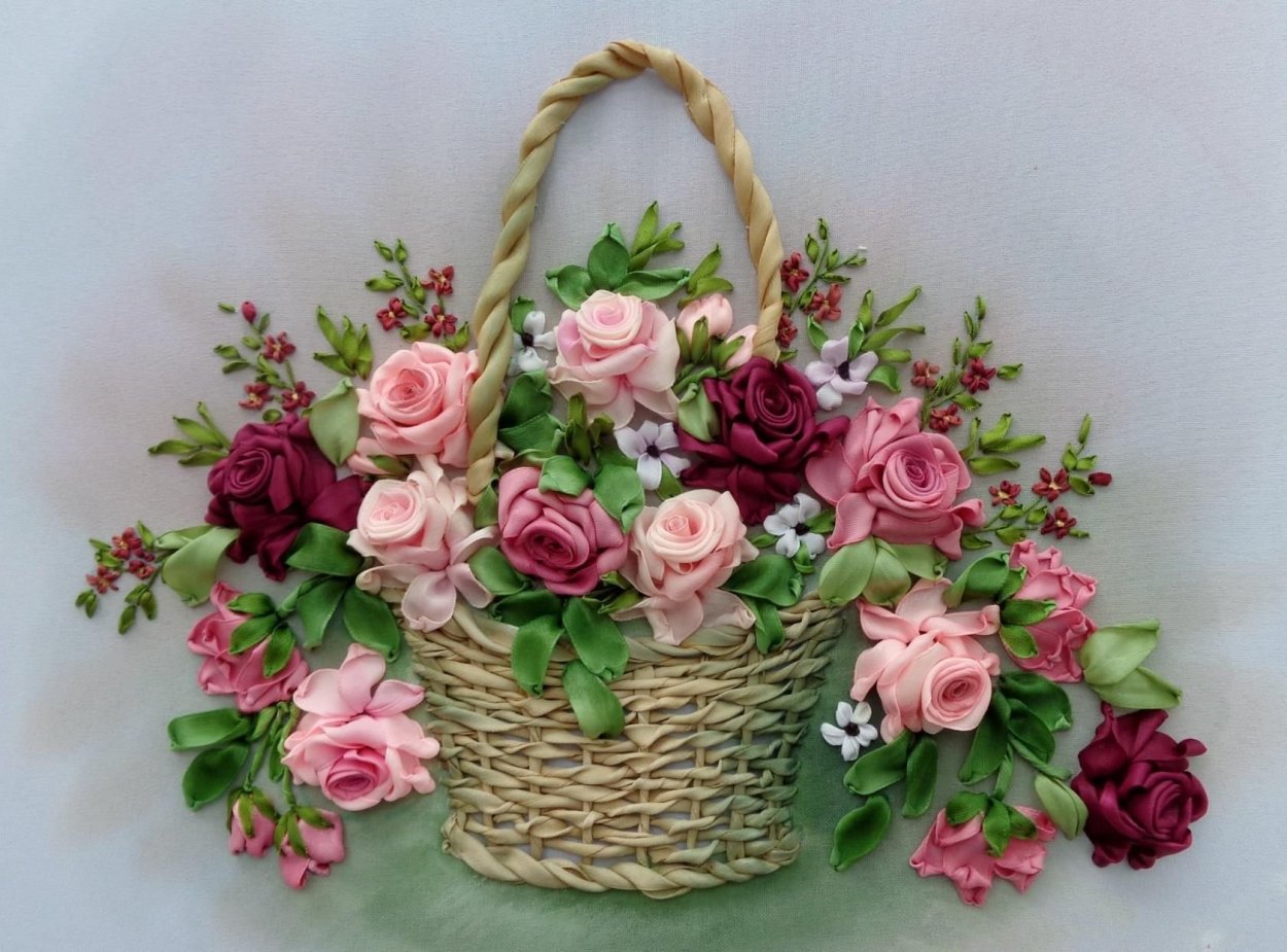 Вышивка лентами корзина с цветами