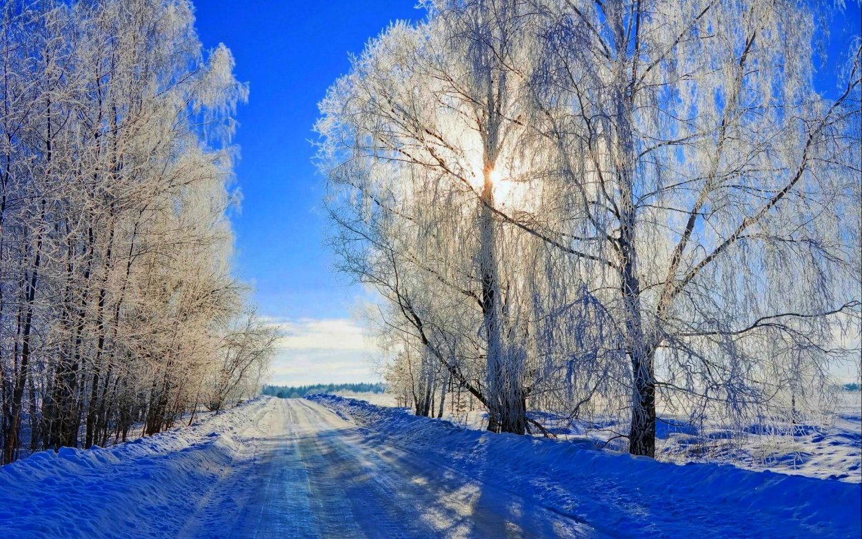Зимний пейзаж с солнцем