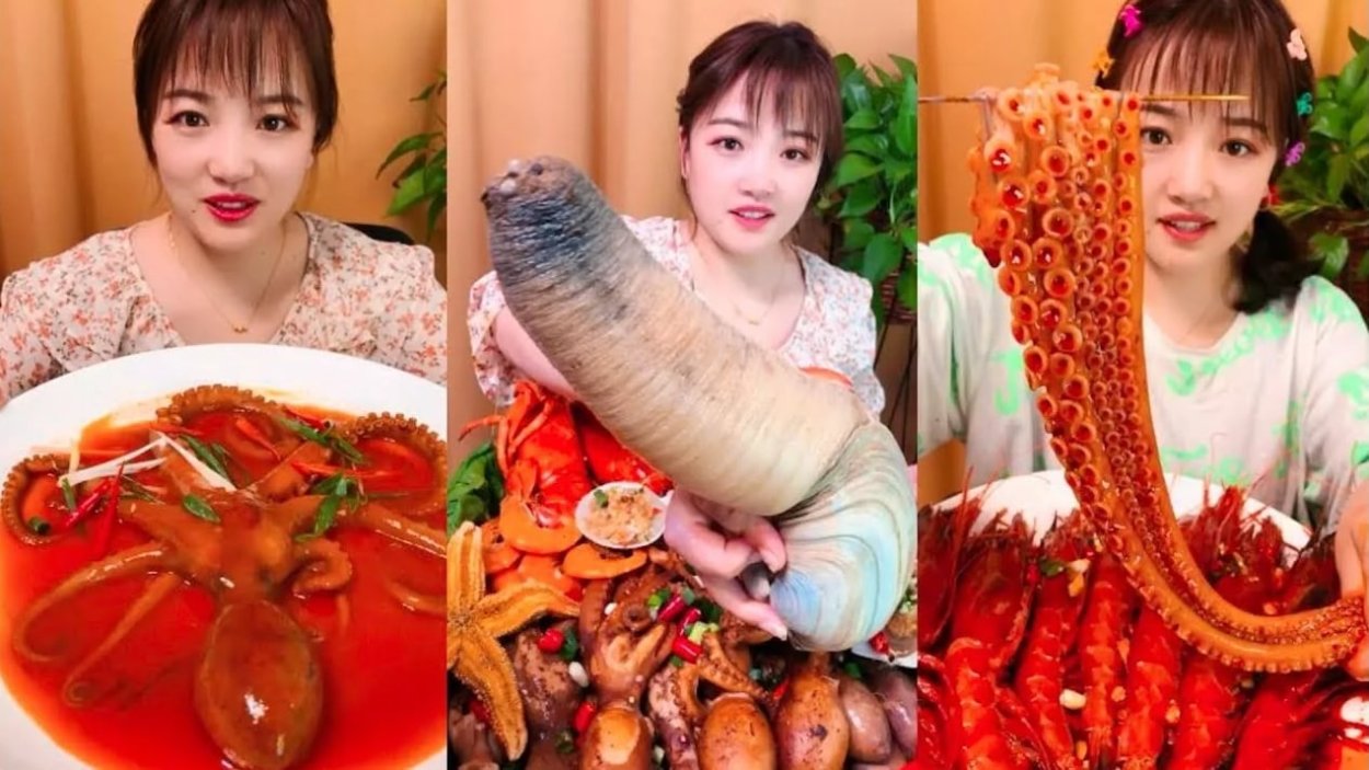 Китаянки едят морепродукты