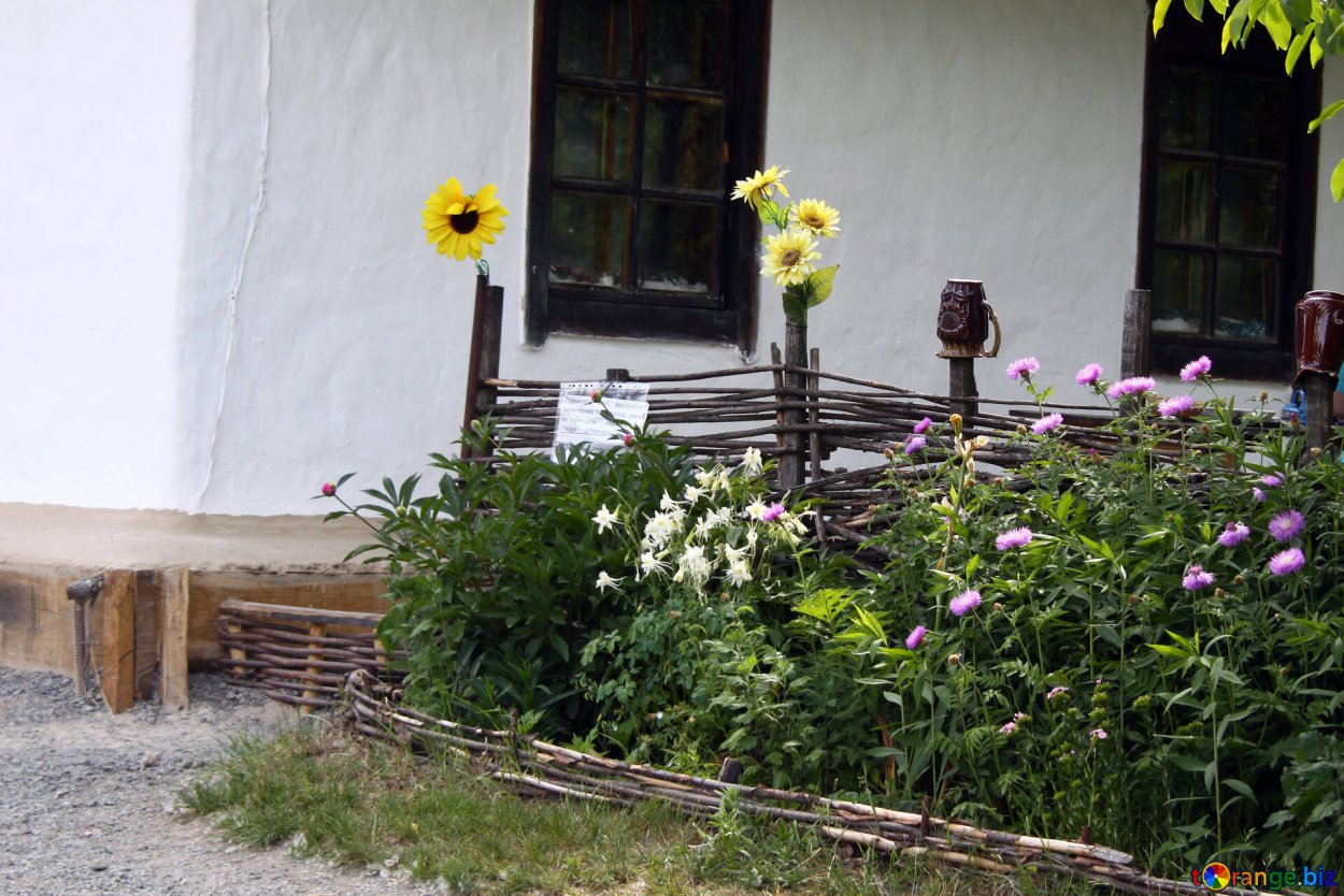 Клумбы в деревенском дворе