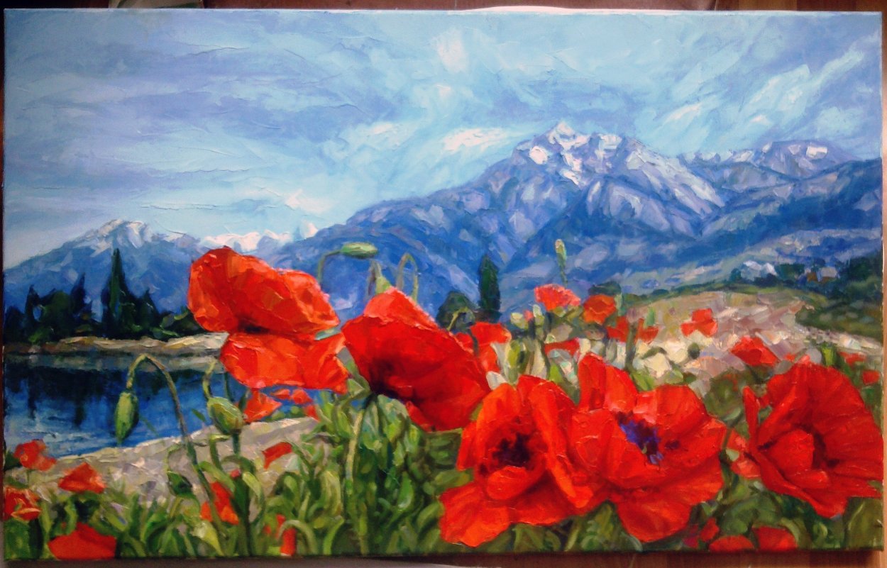 Горы и маки маслом