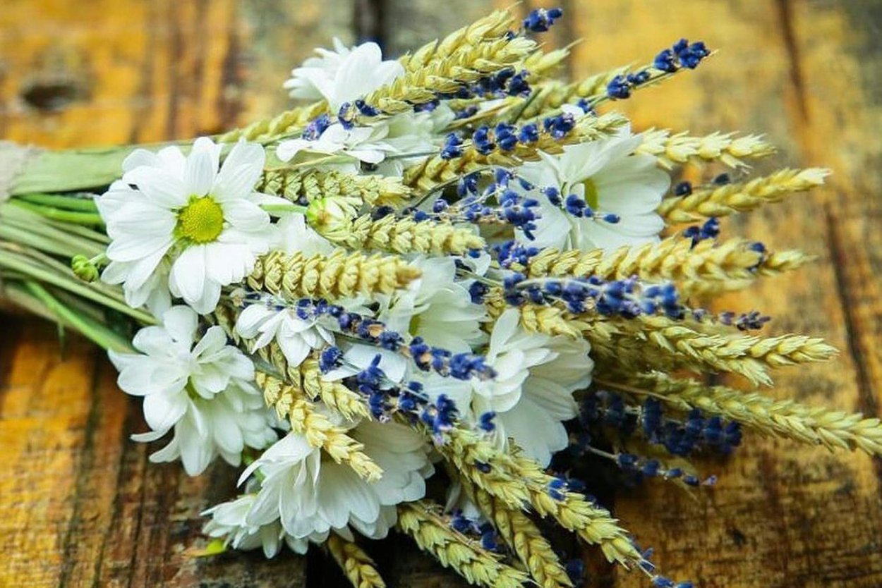 Букеты с васильками и колосками