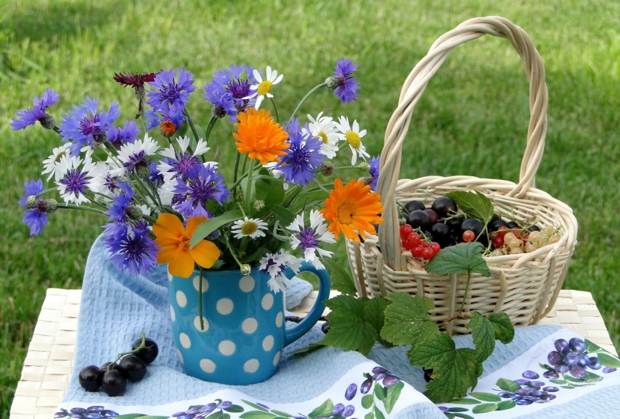 Цветы в плетеной корзине и бабочки