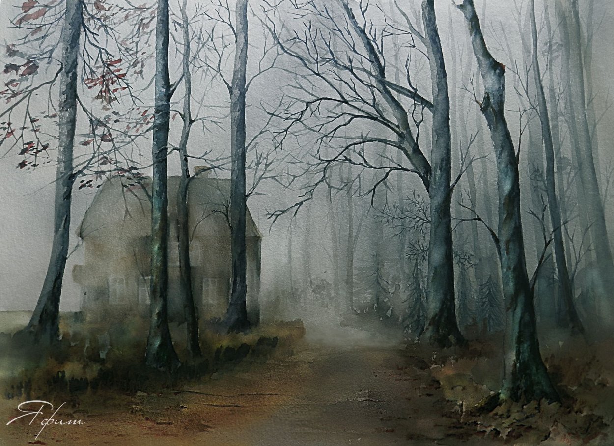 Мрачный пейзаж гуашью