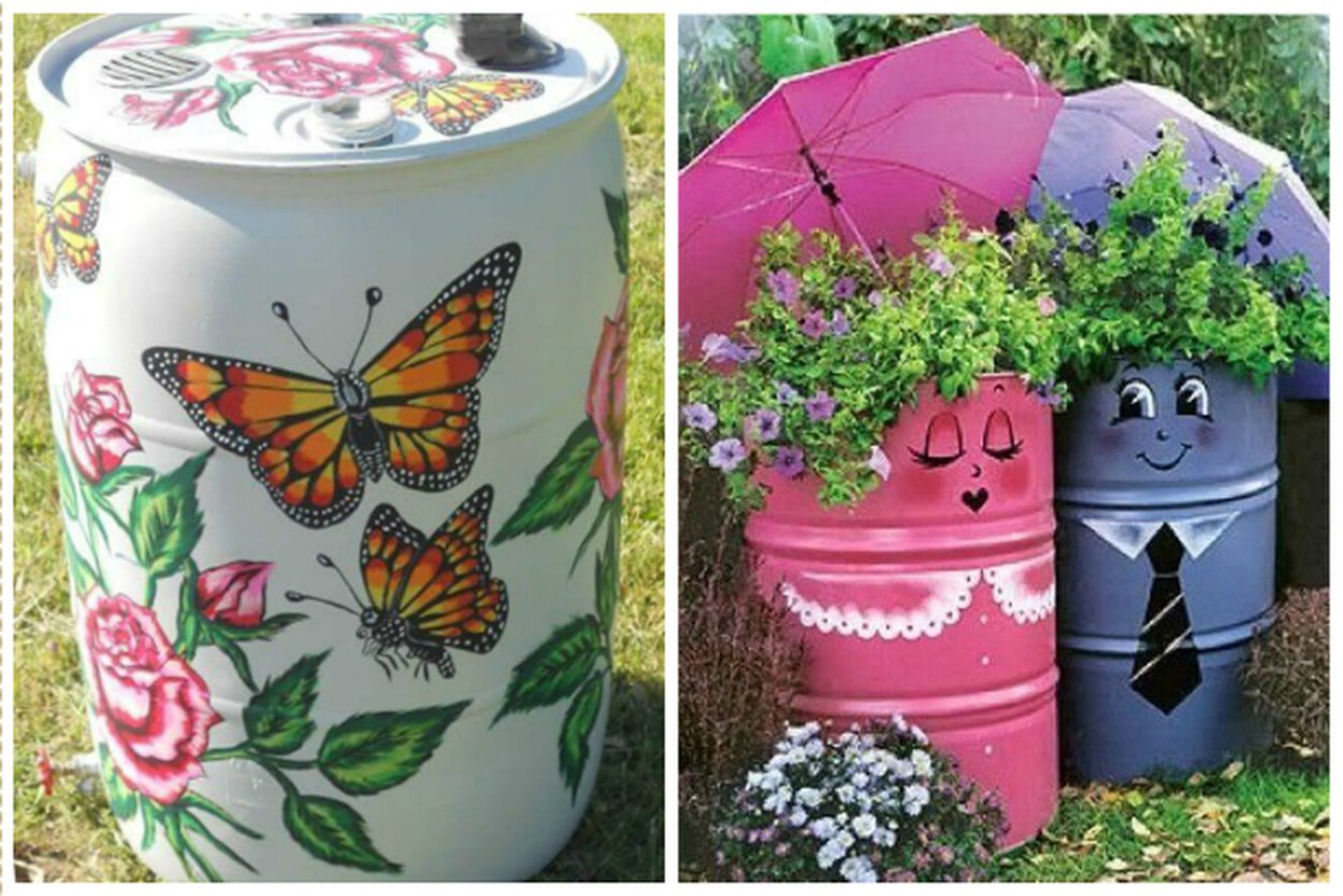 Разрисованные бочки на даче