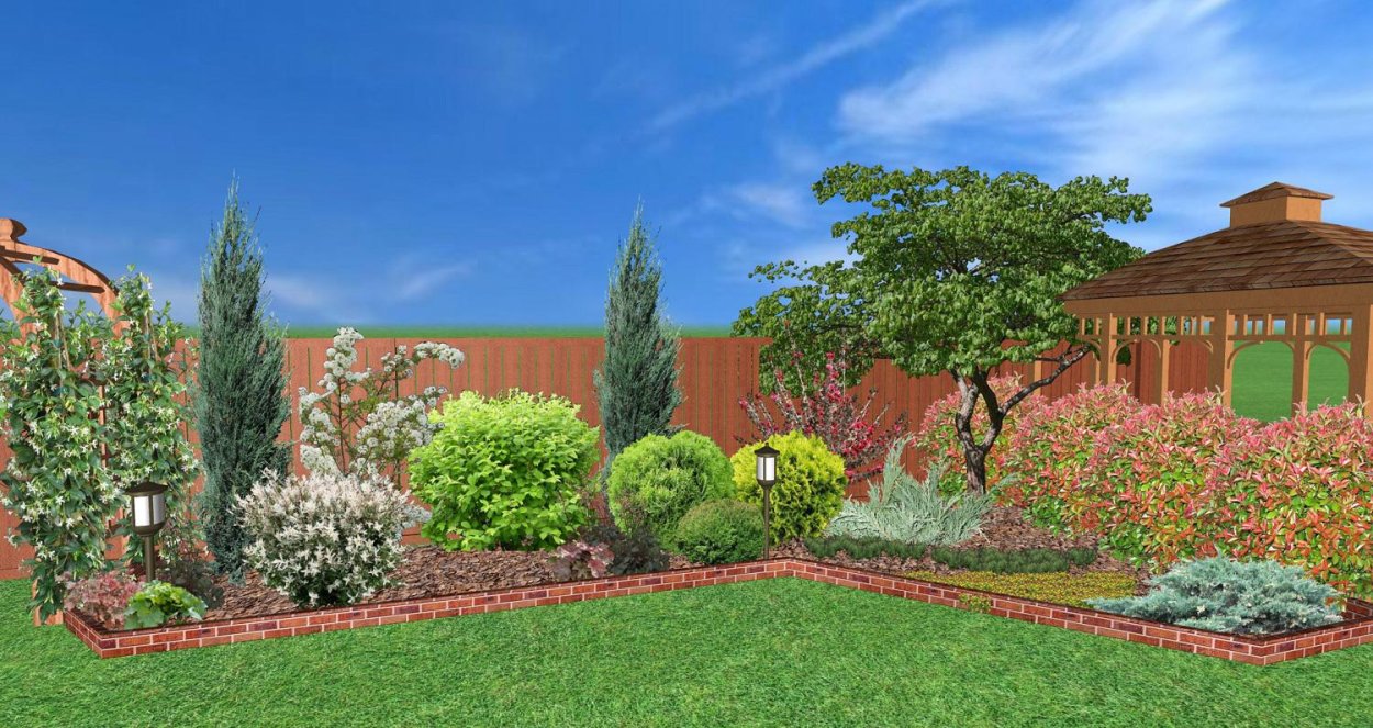 Композиция из деревьев и кустарников вдоль забора