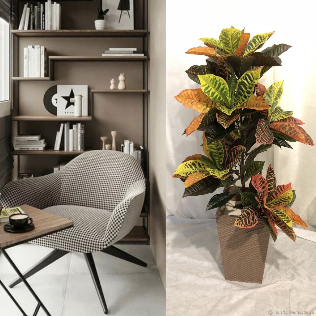 Искусственное дерево Кротон в интерьере гостиной