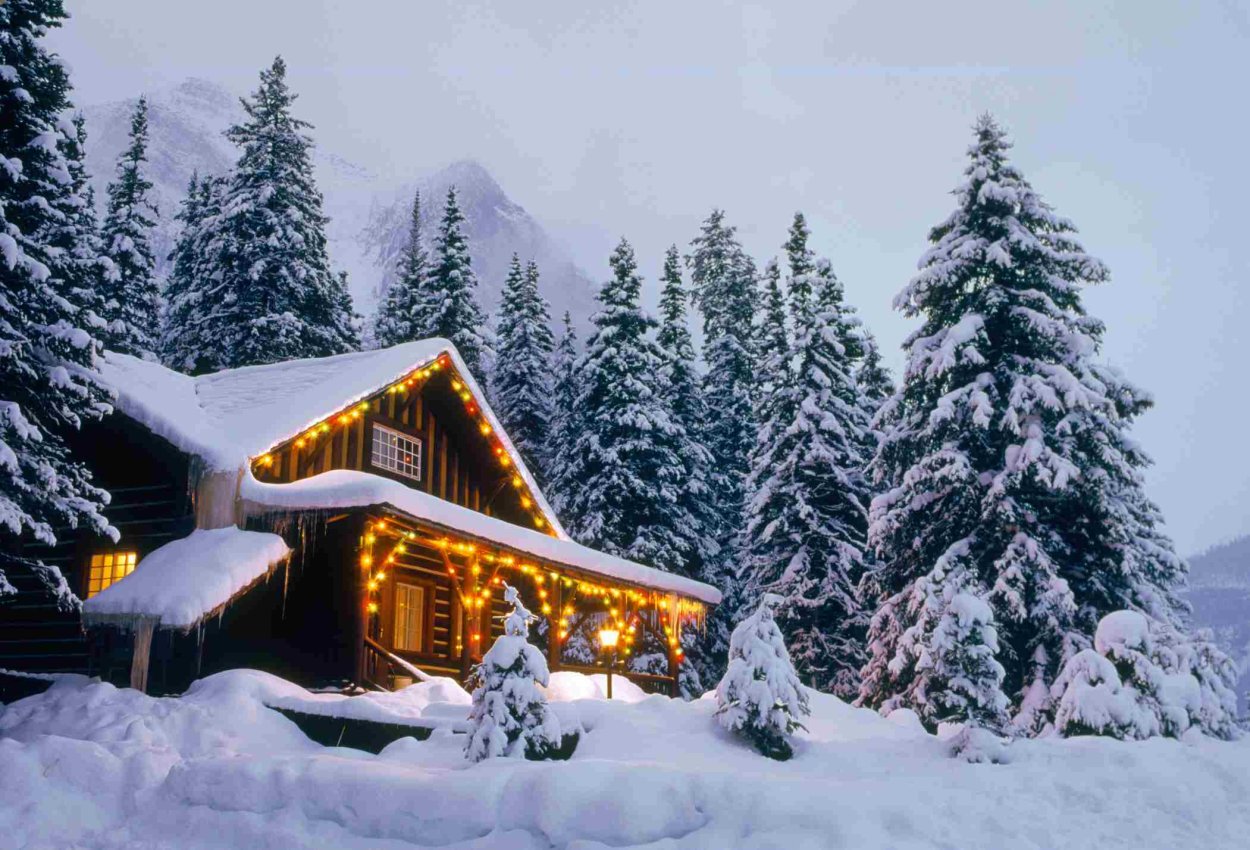 Заснеженный домик в лесу