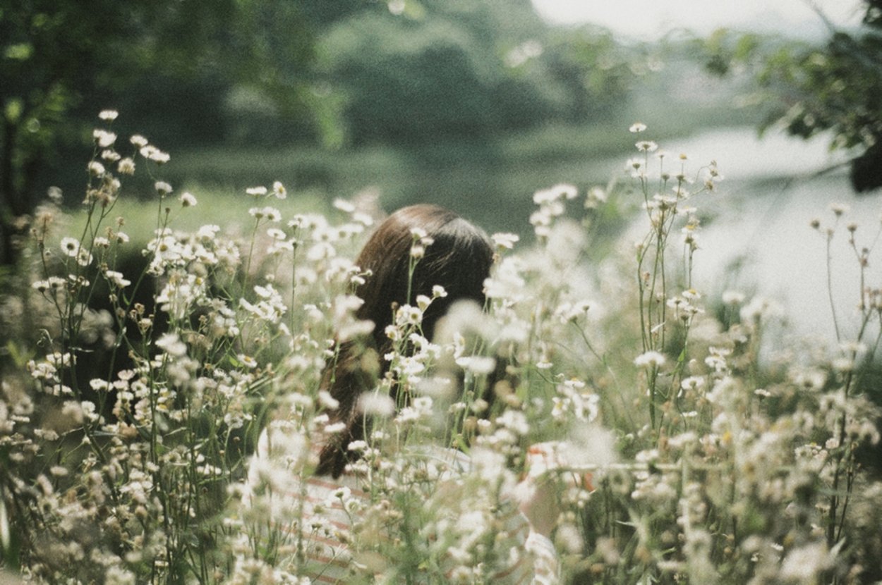 Девушка в ромашковом поле со спины