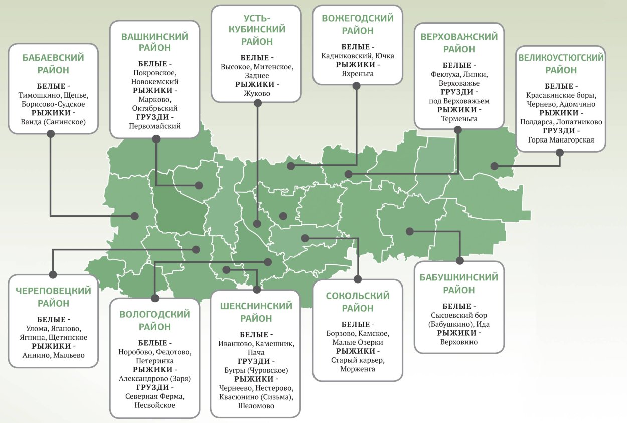 Грибные места Вологодской области на карте
