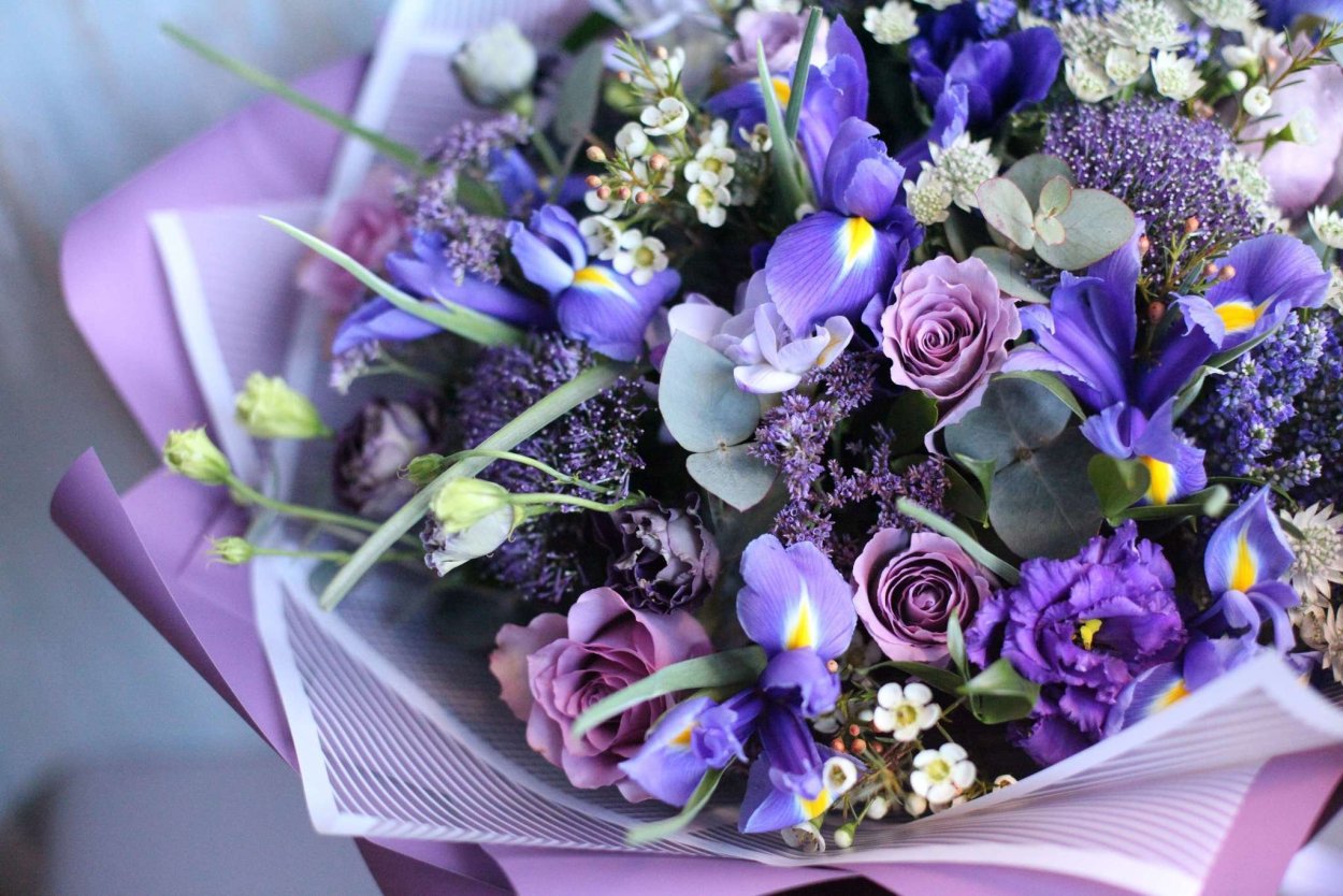 С днём рождения красивый букет ирисов