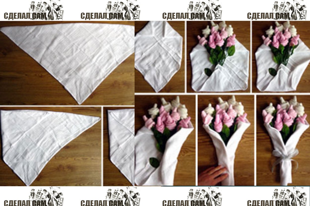 Упаковать букет из носков в бумагу